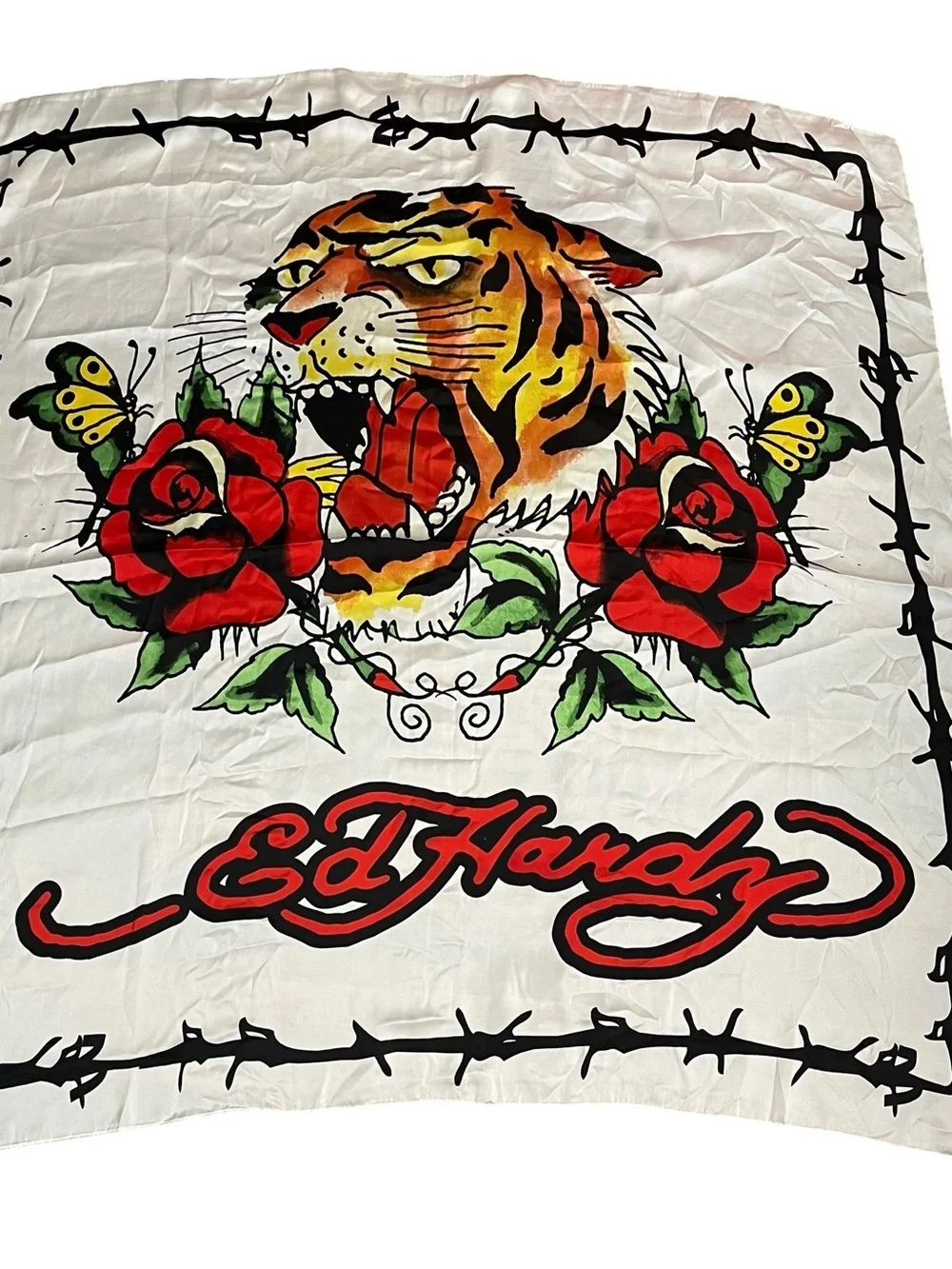 Ed Hardy 2 Piece White and Pink Bandana Scarves Tattoo Skull Tiger Y2K
